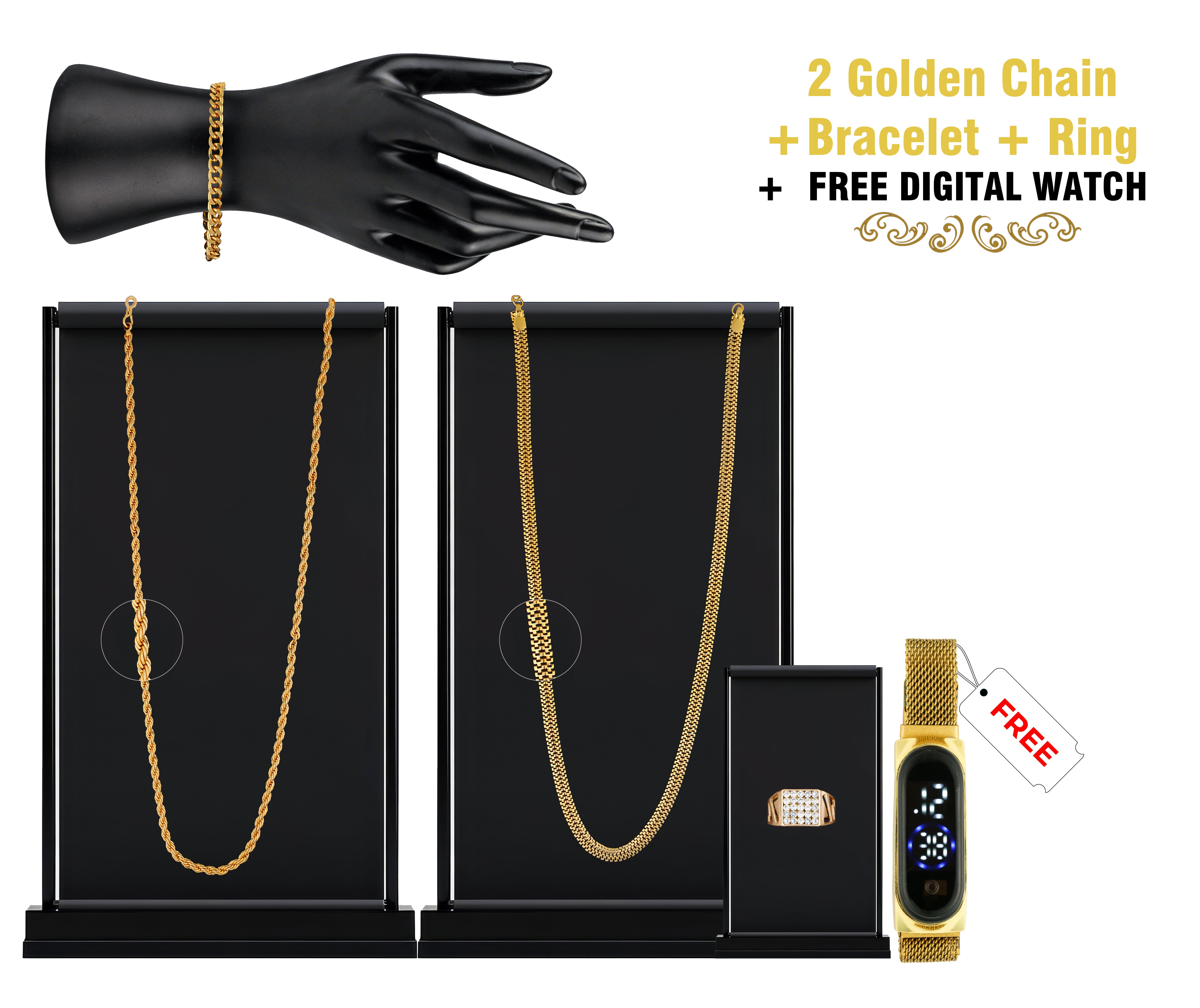 Combo of 2 Chain + Bracelet + Ring with Free Digital Watch