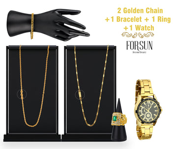Combo of Mens Golden Watch + 2 Chain +  Bracelet + Maharaja Ring