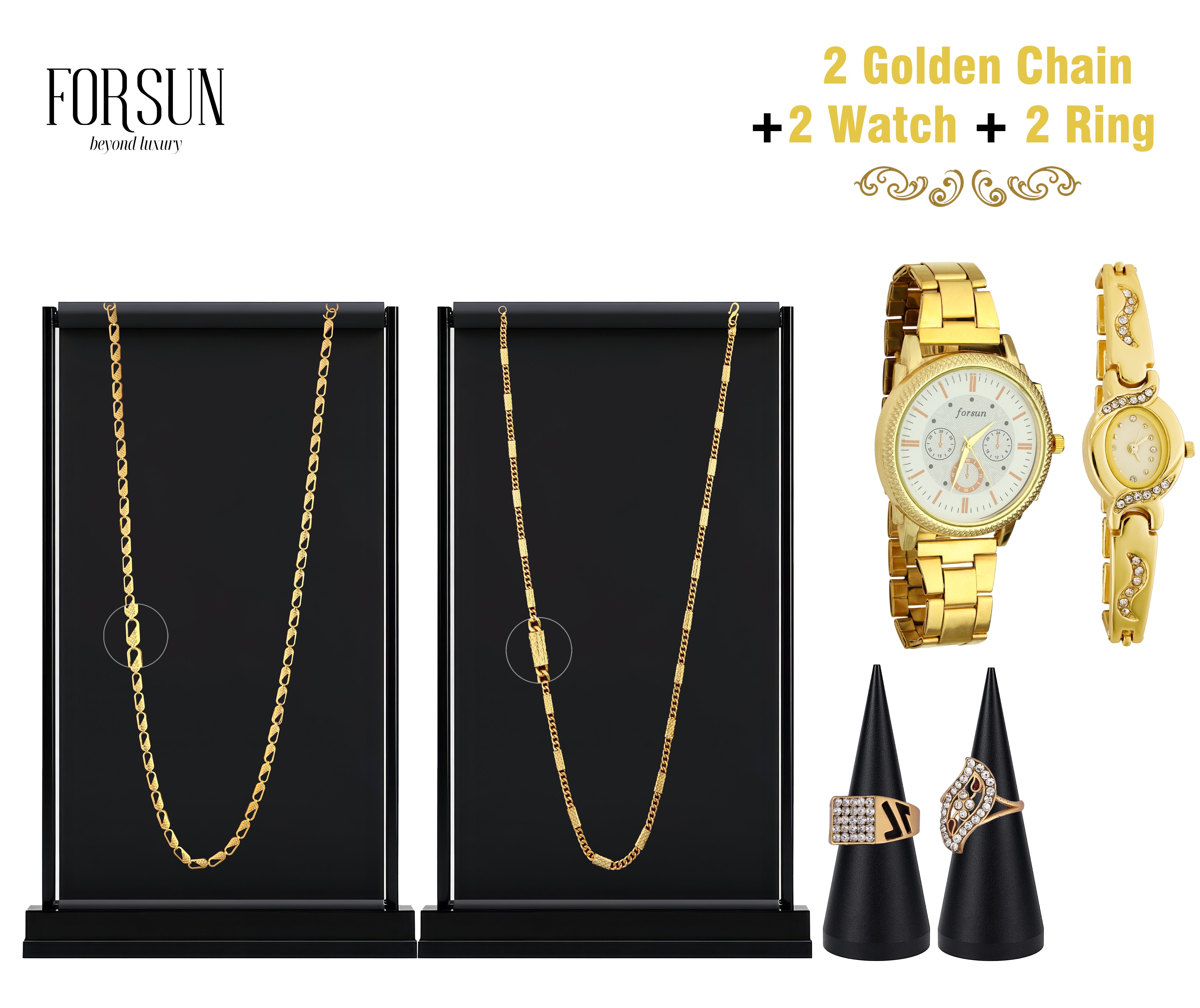 Combo of Mens Golden Watch + 2 Chain + Bracelet + 2 Ring