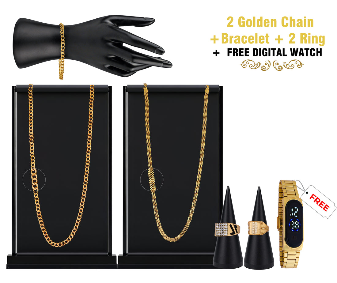 Combo of 2 Golden Chain + Bracelet + 2 Ring + Digital Watch