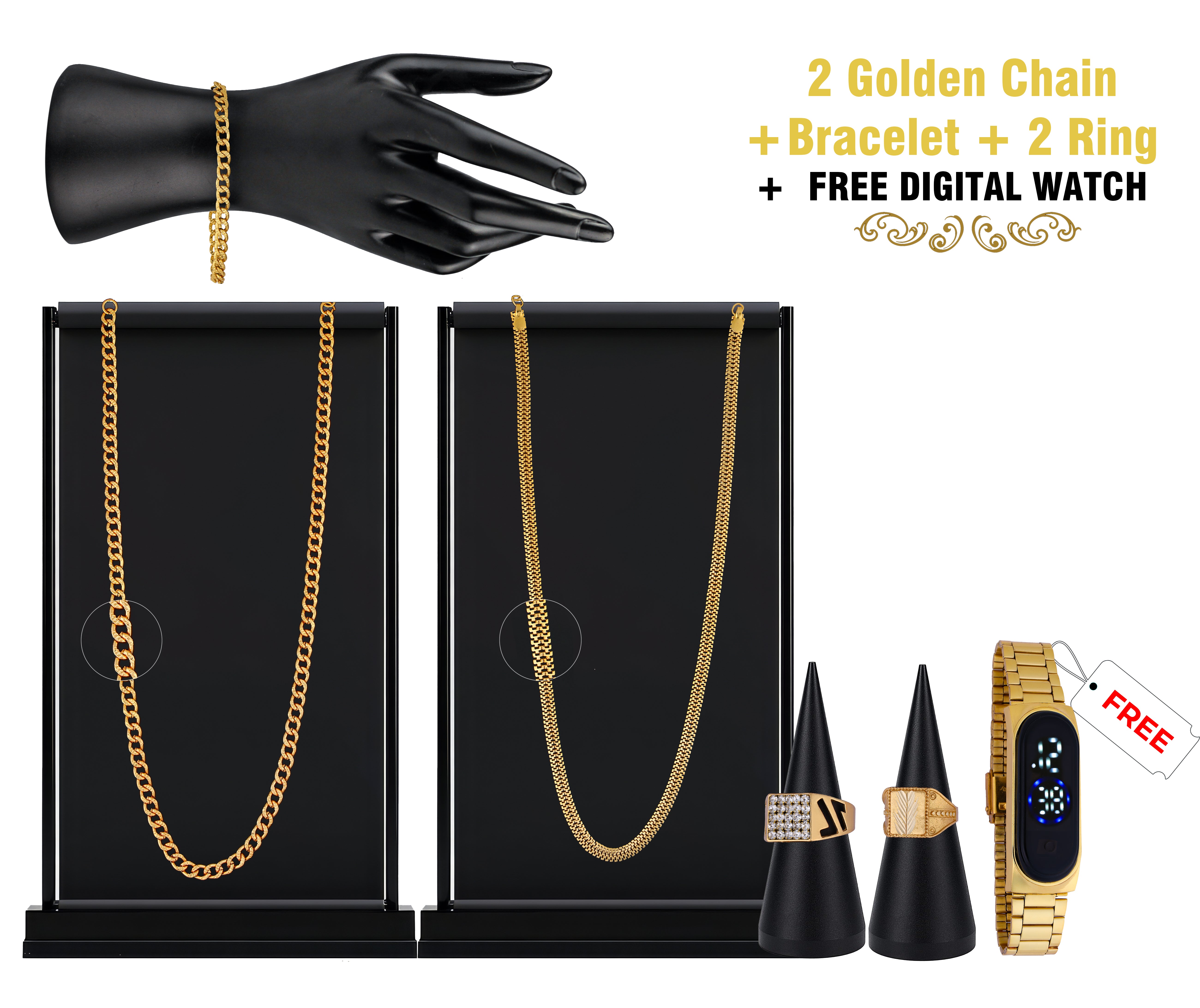 Combo of 2 Golden Chain + Bracelet + 2 Ring + Digital Watch