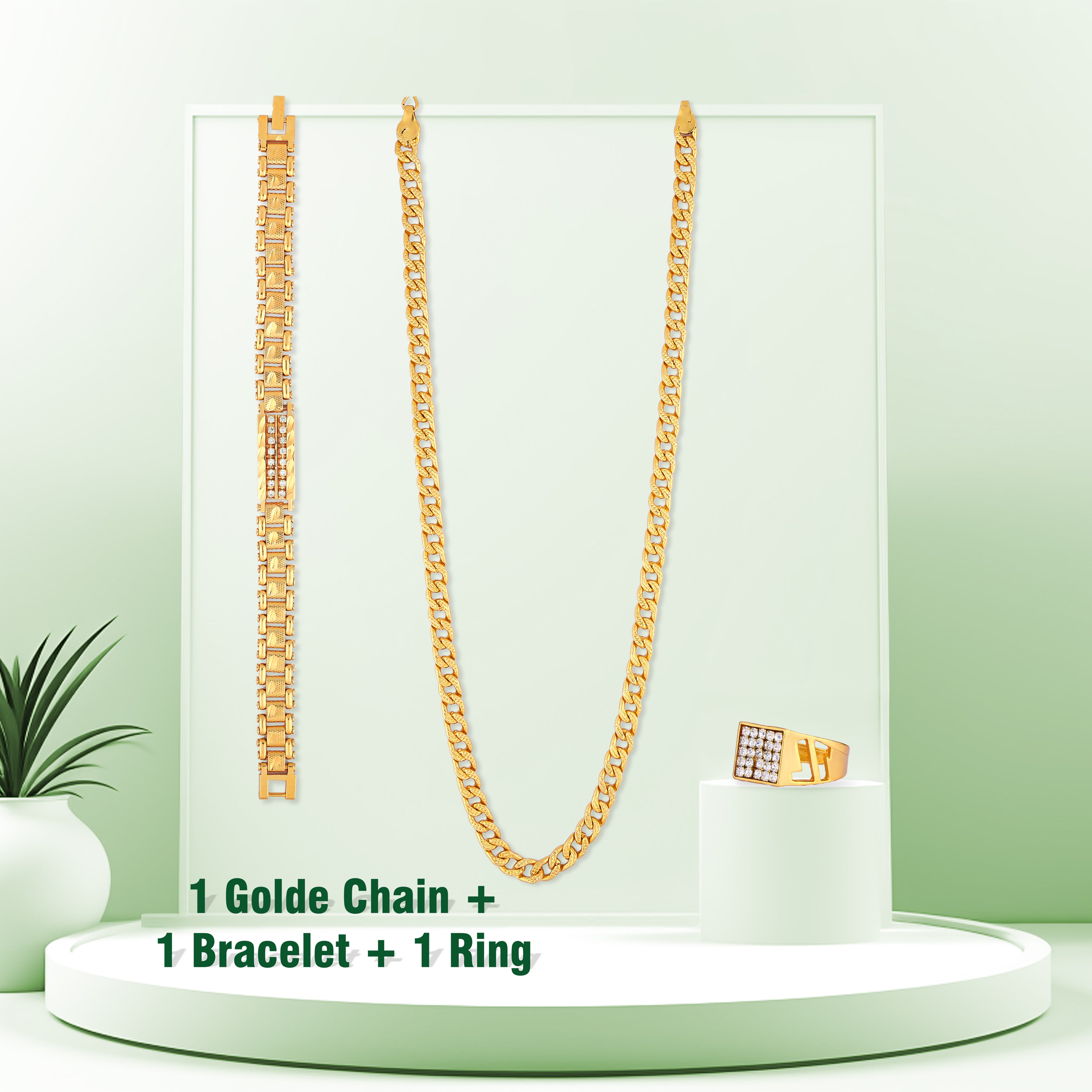 Combo of Golden Chain + Bracelet + Diamond Ring