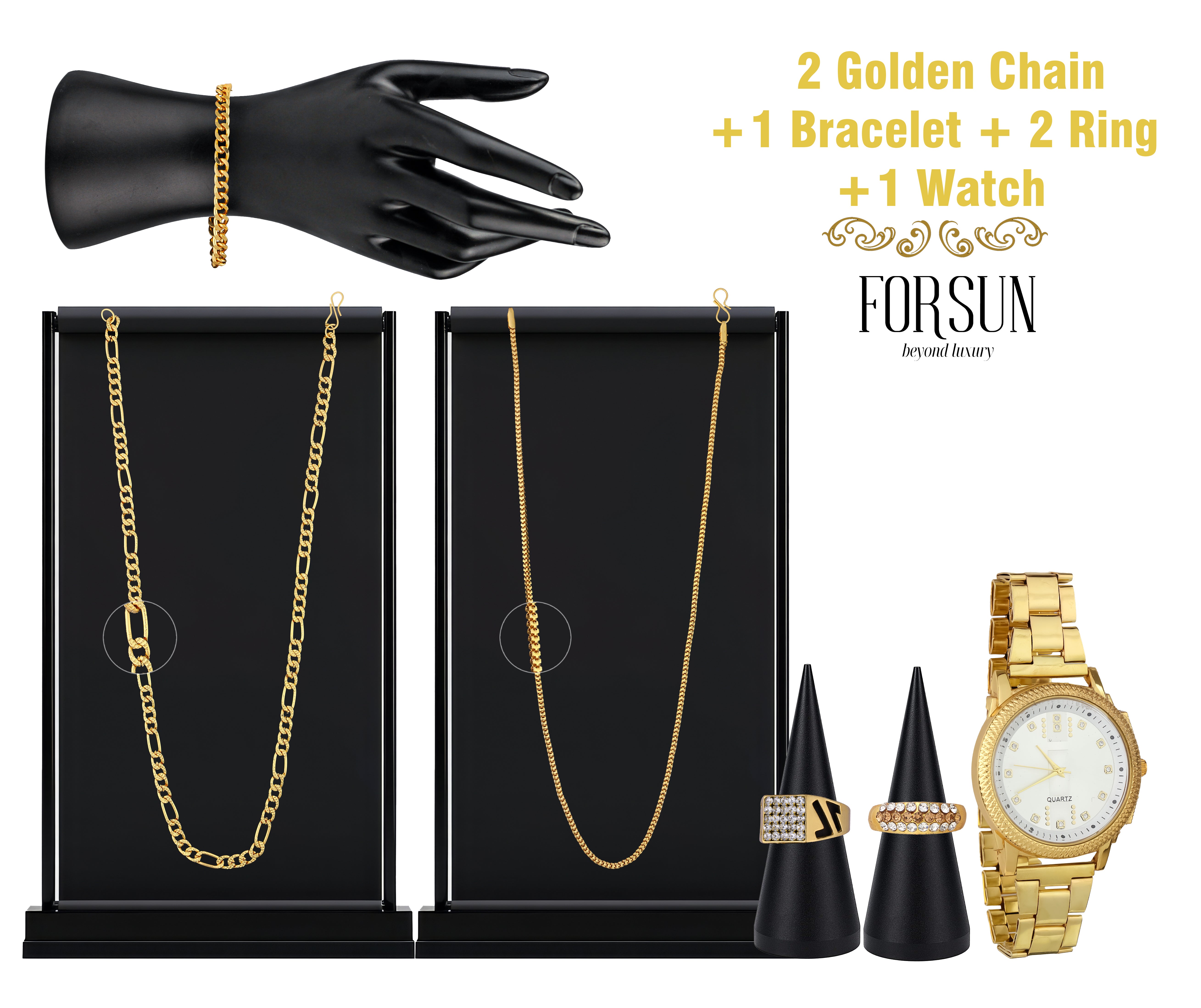 Combo of Golden Watch + 2 Chain + 2 Austrian Diamond Ring + Bracelet