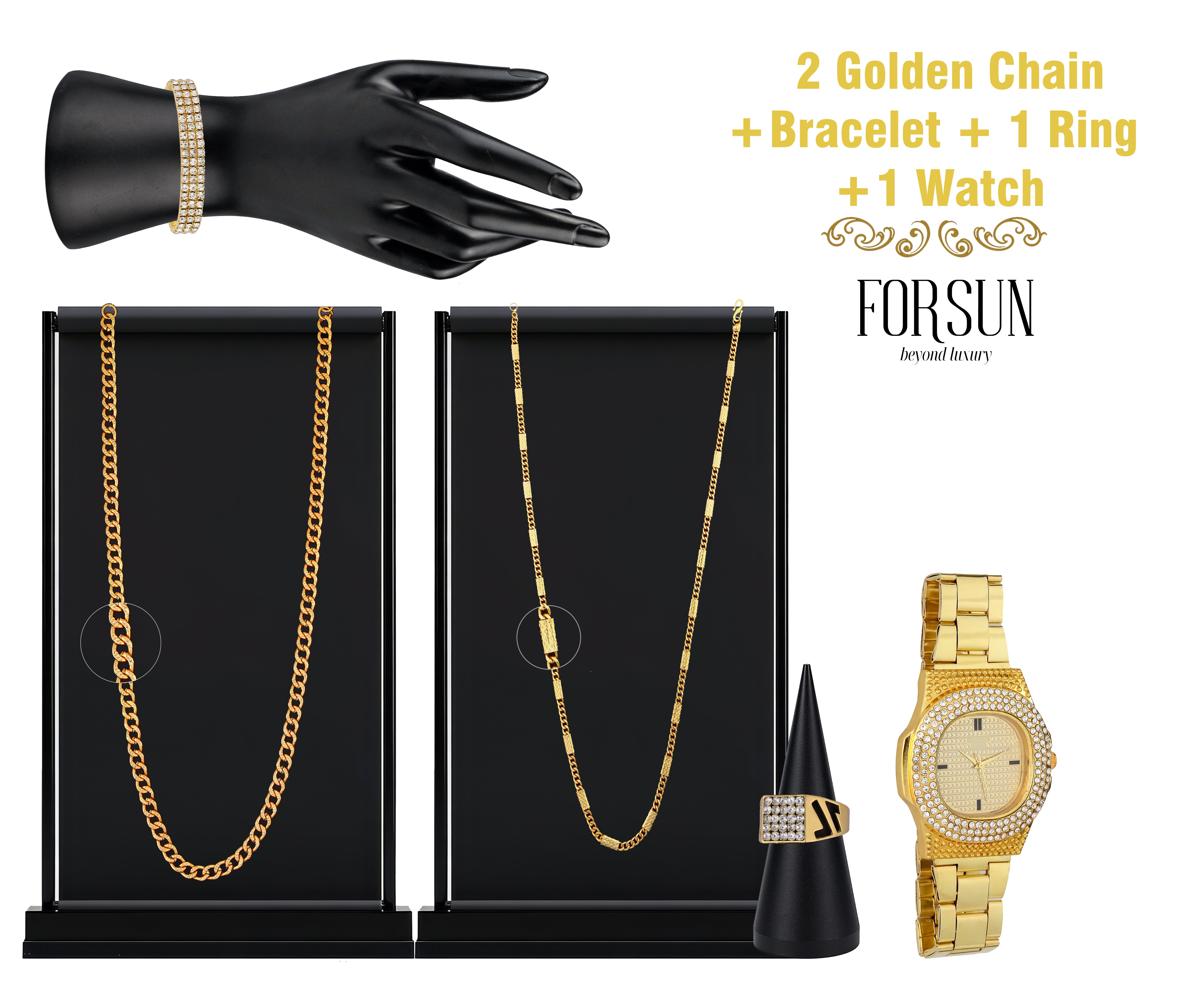Combo of Mens Golden Watch + 2 Chain + Austrian Diamond Bracelet + Ring