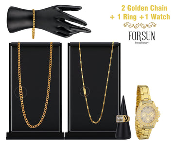 Combo of Mens Golden Watch + 2 Chain + Bracelet + Ring