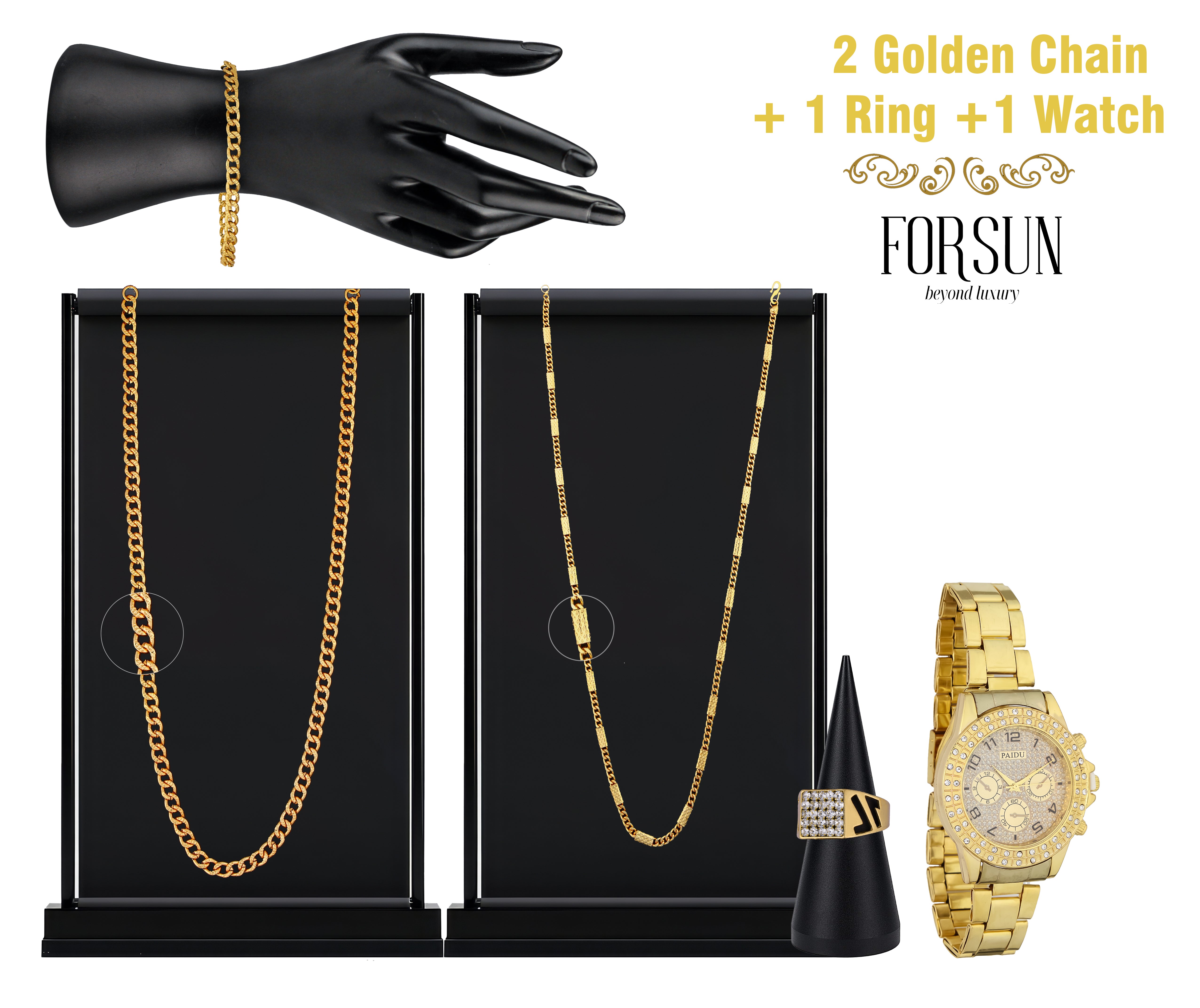 Combo of Mens Golden Watch + 2 Chain + Bracelet + Ring