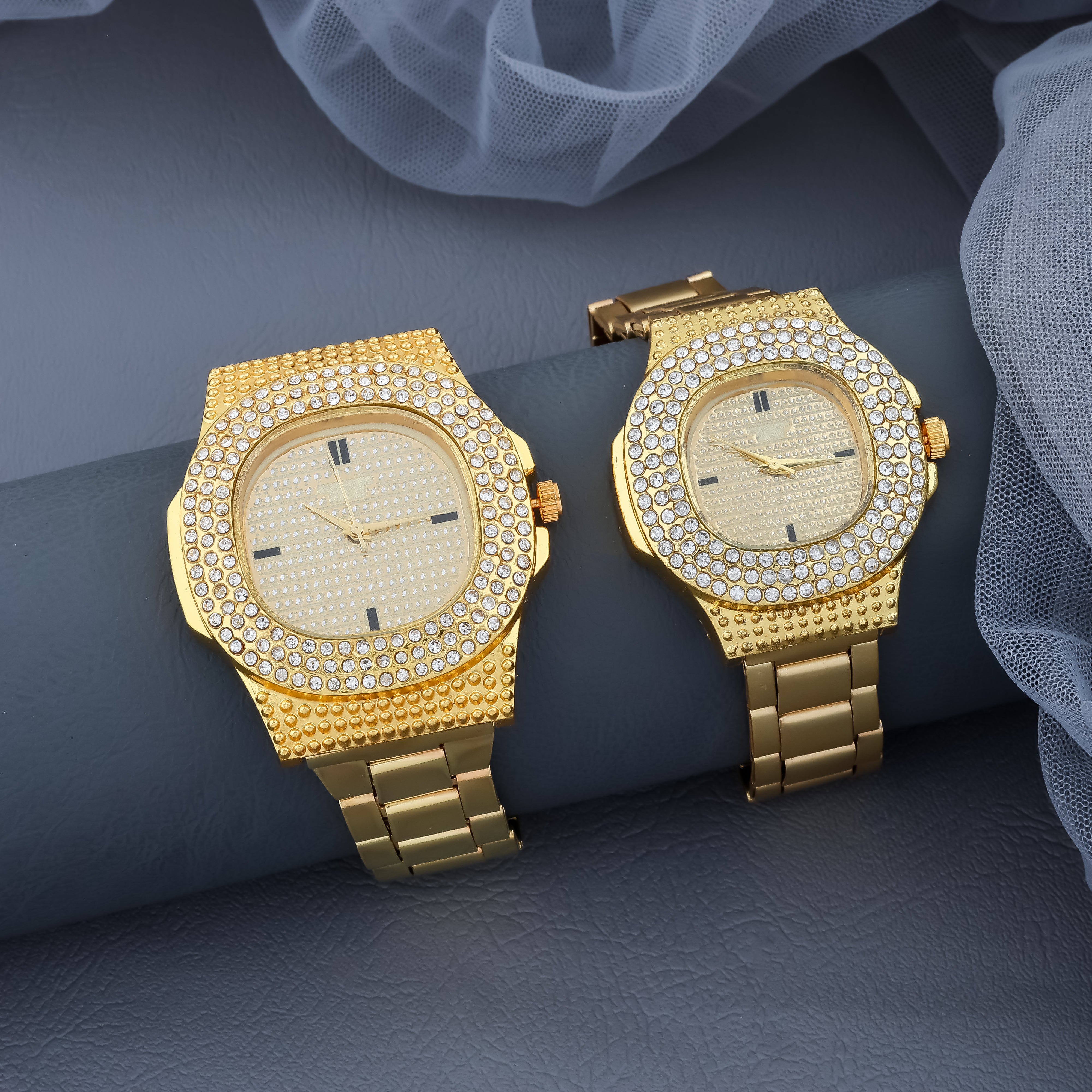 Mens Austrian Diamond Golden Watch With Free Ladies Designer Watch
