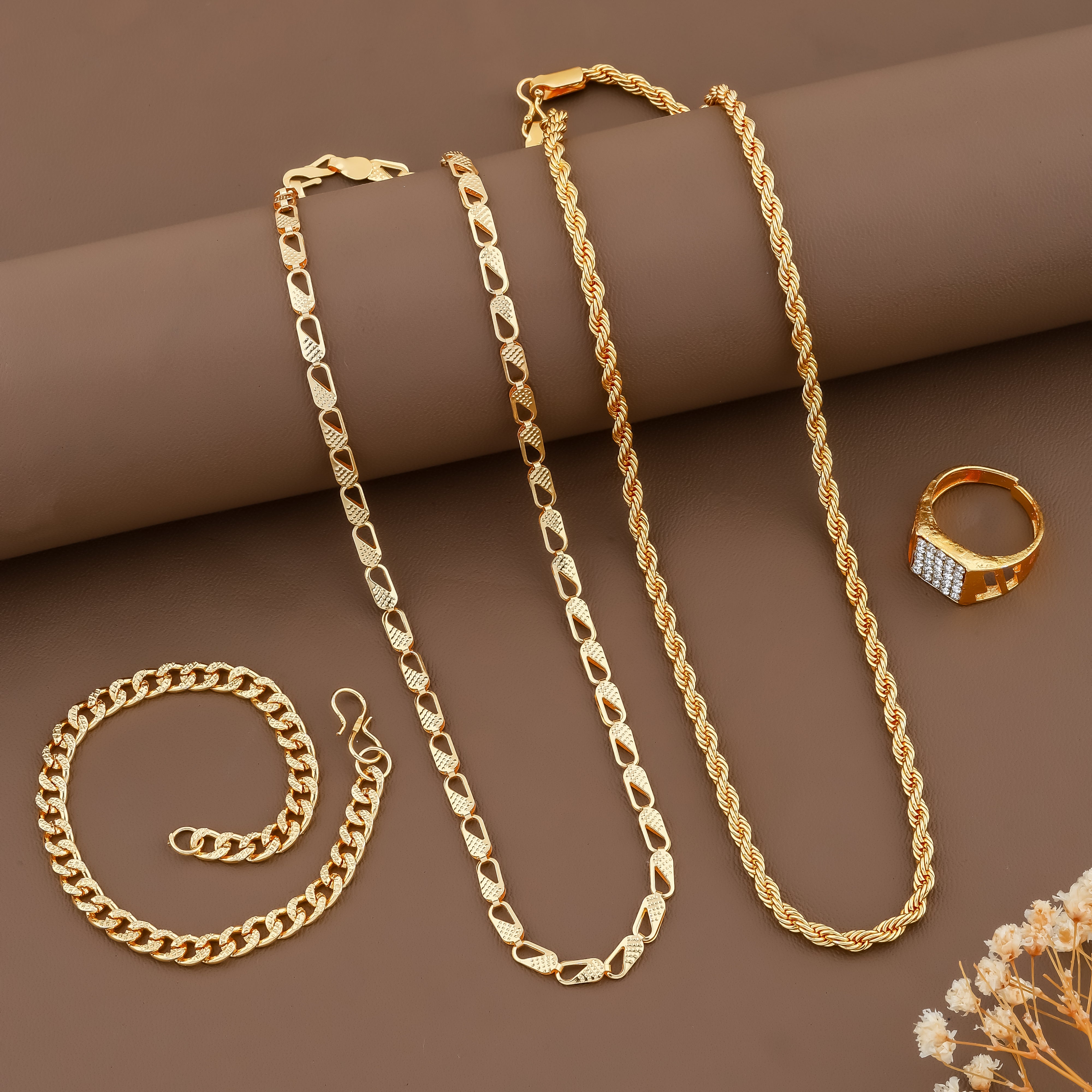 Combo of Golden Watch + 2 Golden Chain + Bracelet + Diamond Ring