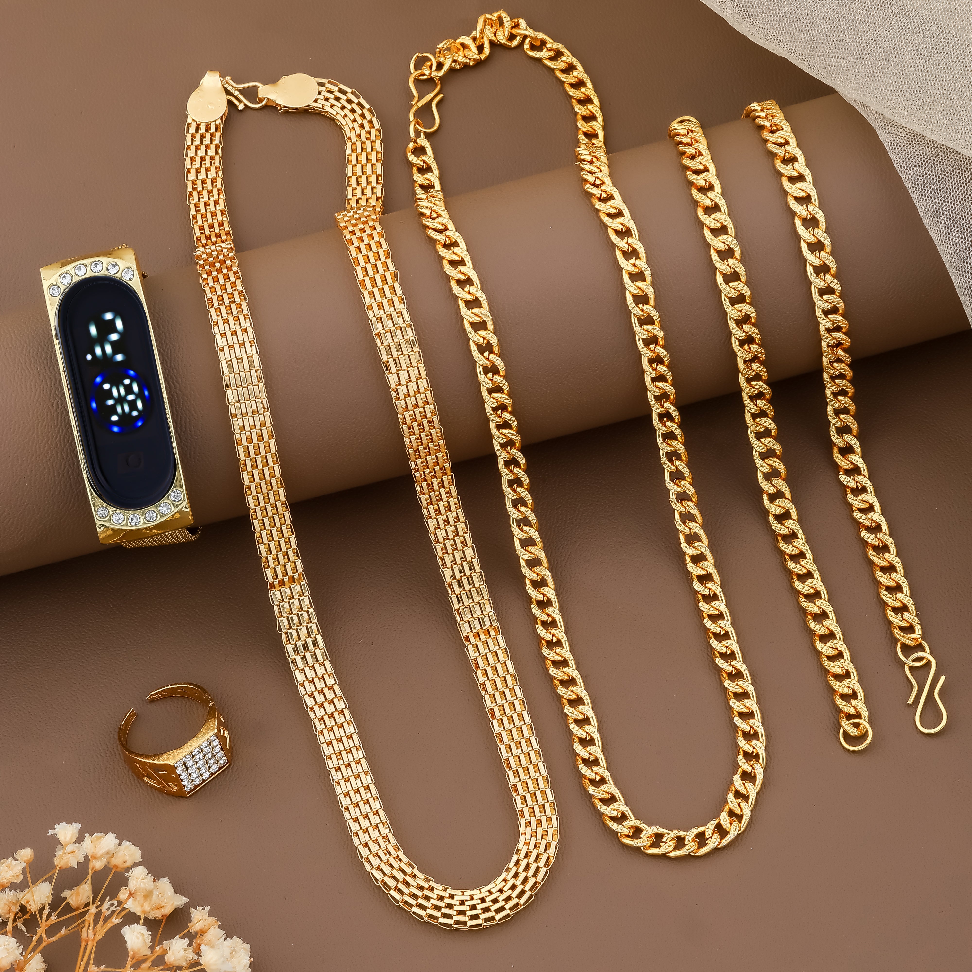 Combo of 2 Golden Chain + Bracelet + Diamond Ring + Free Digital Watch