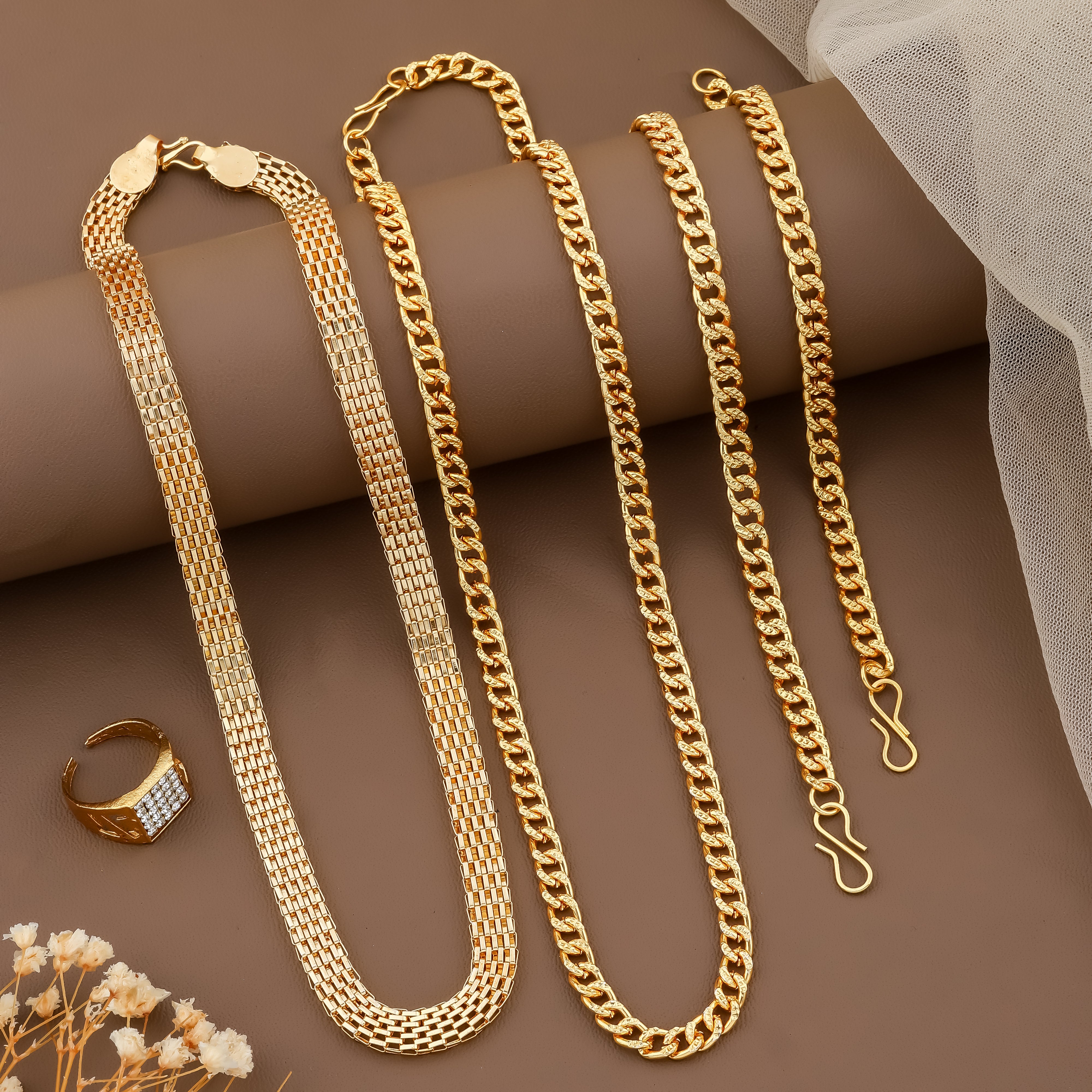 Combo of 2 Golden Chain + Bracelet + Diamond Ring + Free Digital Watch