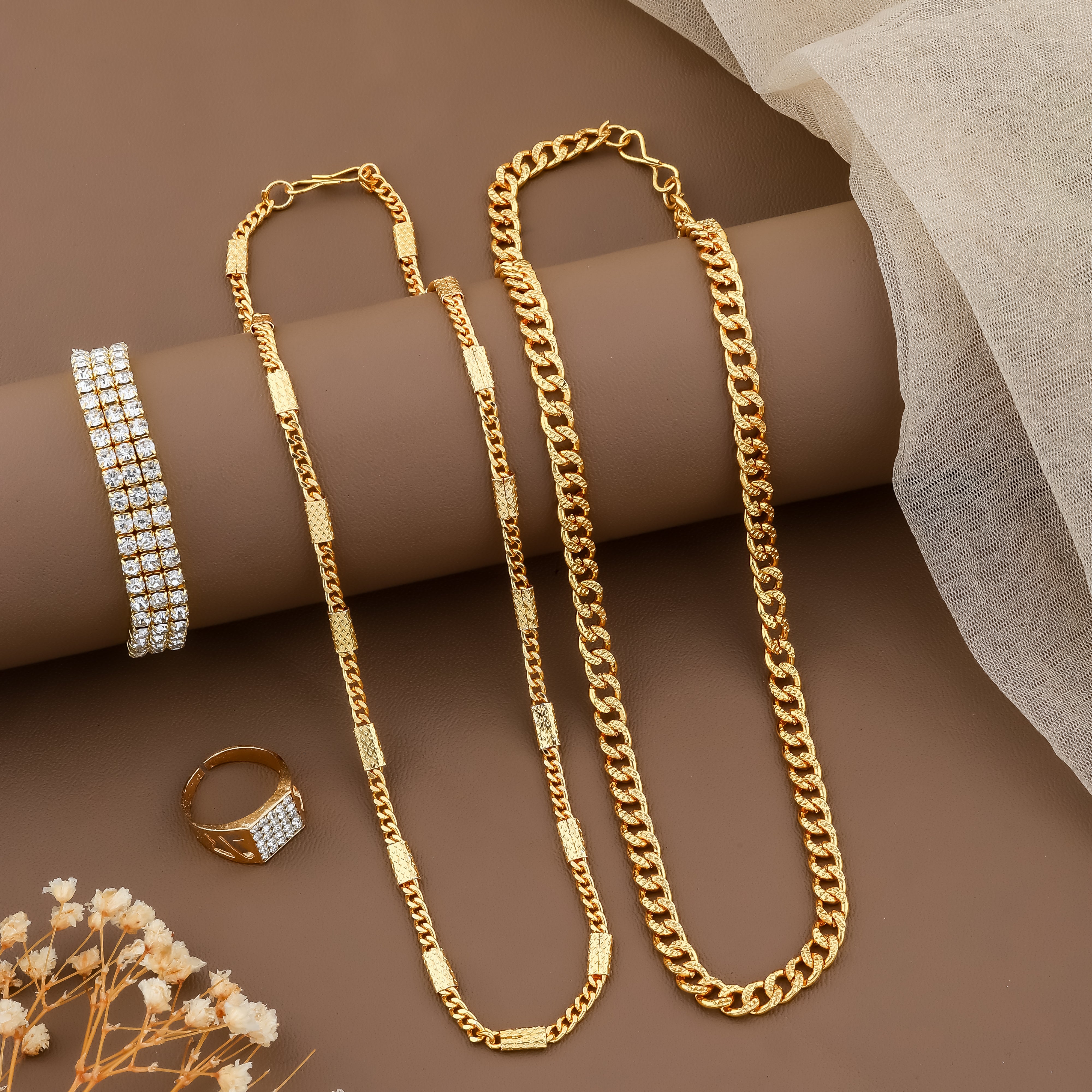 Combo of Mens Golden Watch + 2 Chain + Austrian Diamond Bracelet + Ring