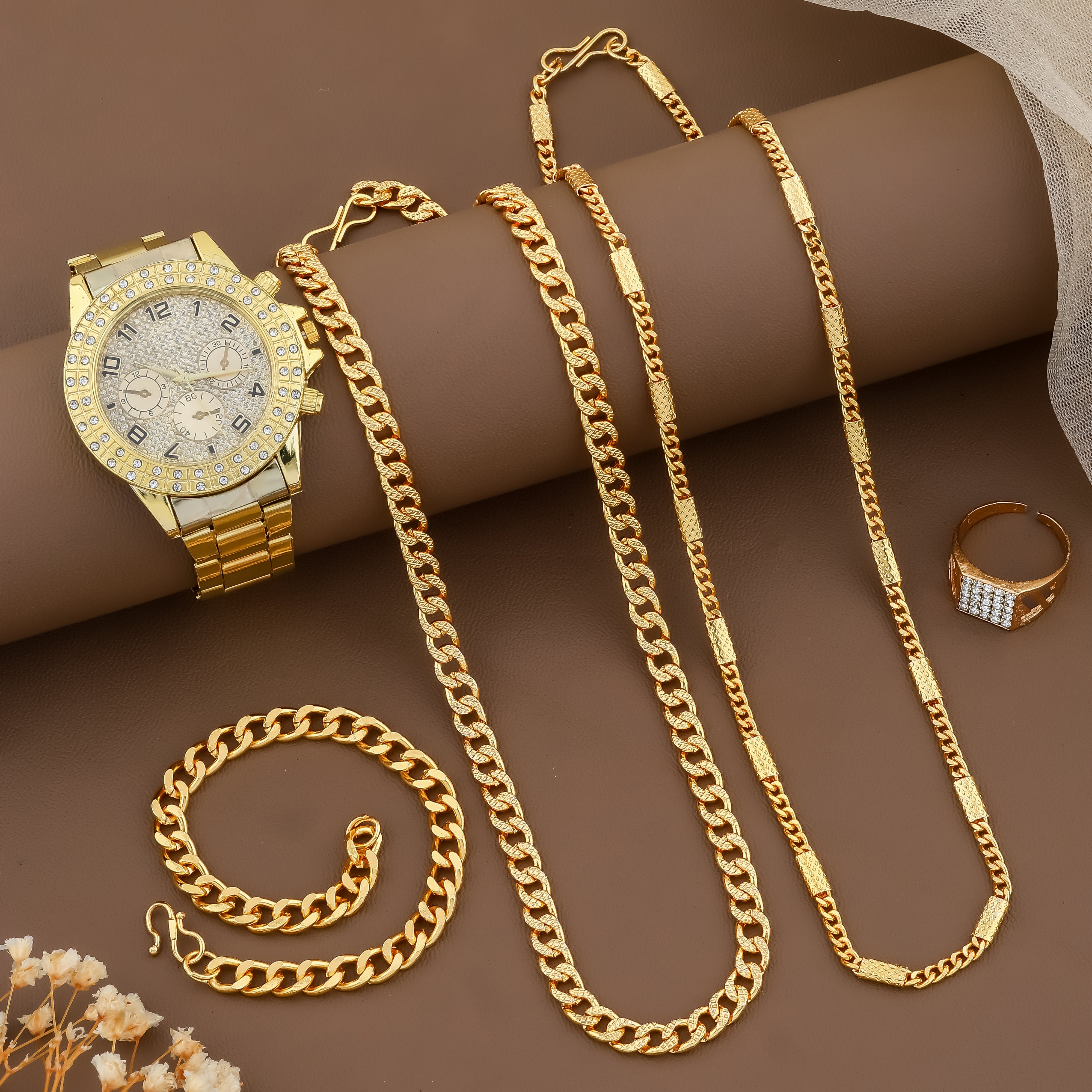 Combo of Mens Golden Watch + 2 Chain + Bracelet + Ring