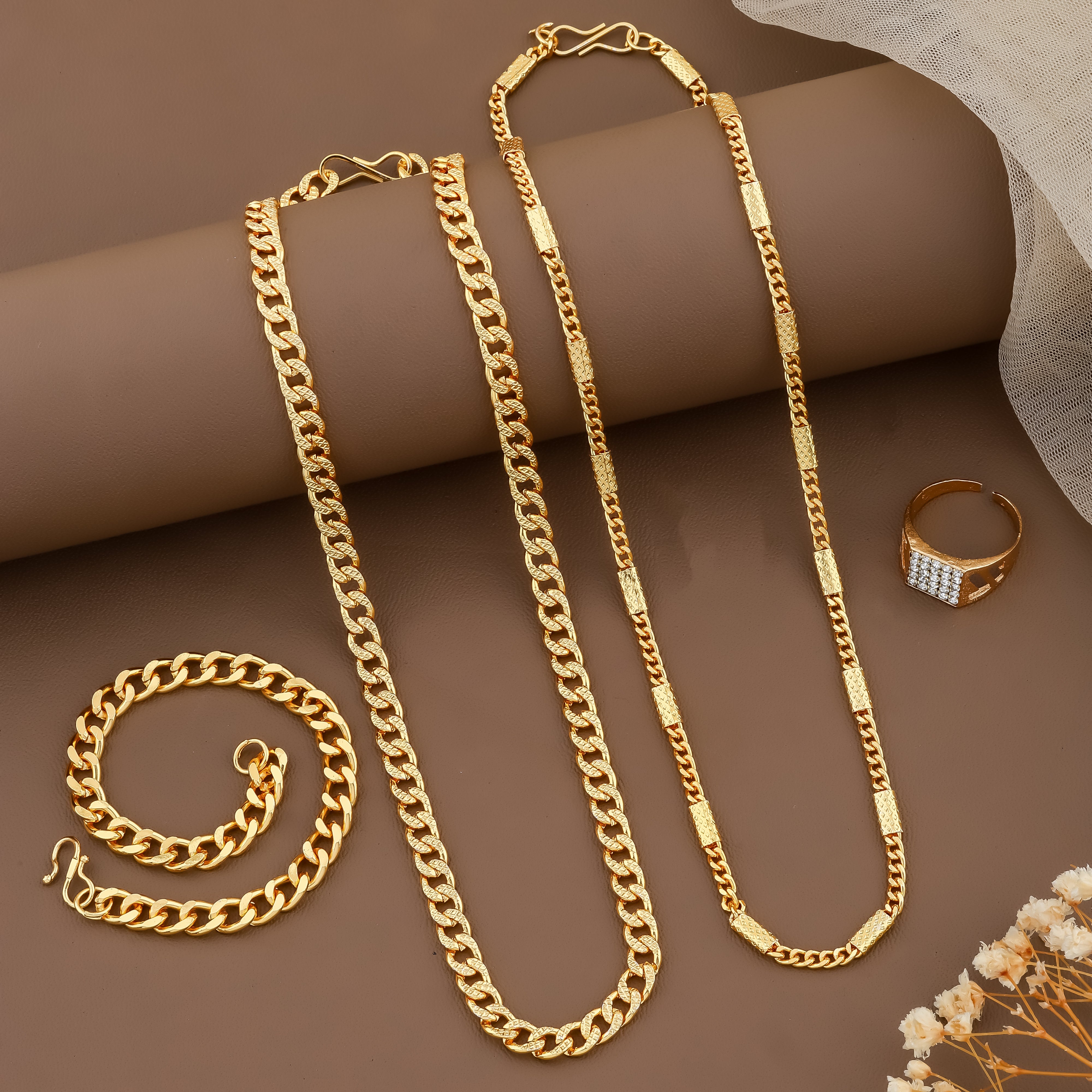 Combo of Mens Golden Watch + 2 Chain + Bracelet + Ring