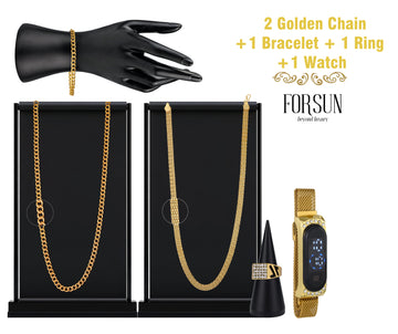 Combo of 2 Golden Chain + Bracelet + Diamond Ring + Free Digital Watch