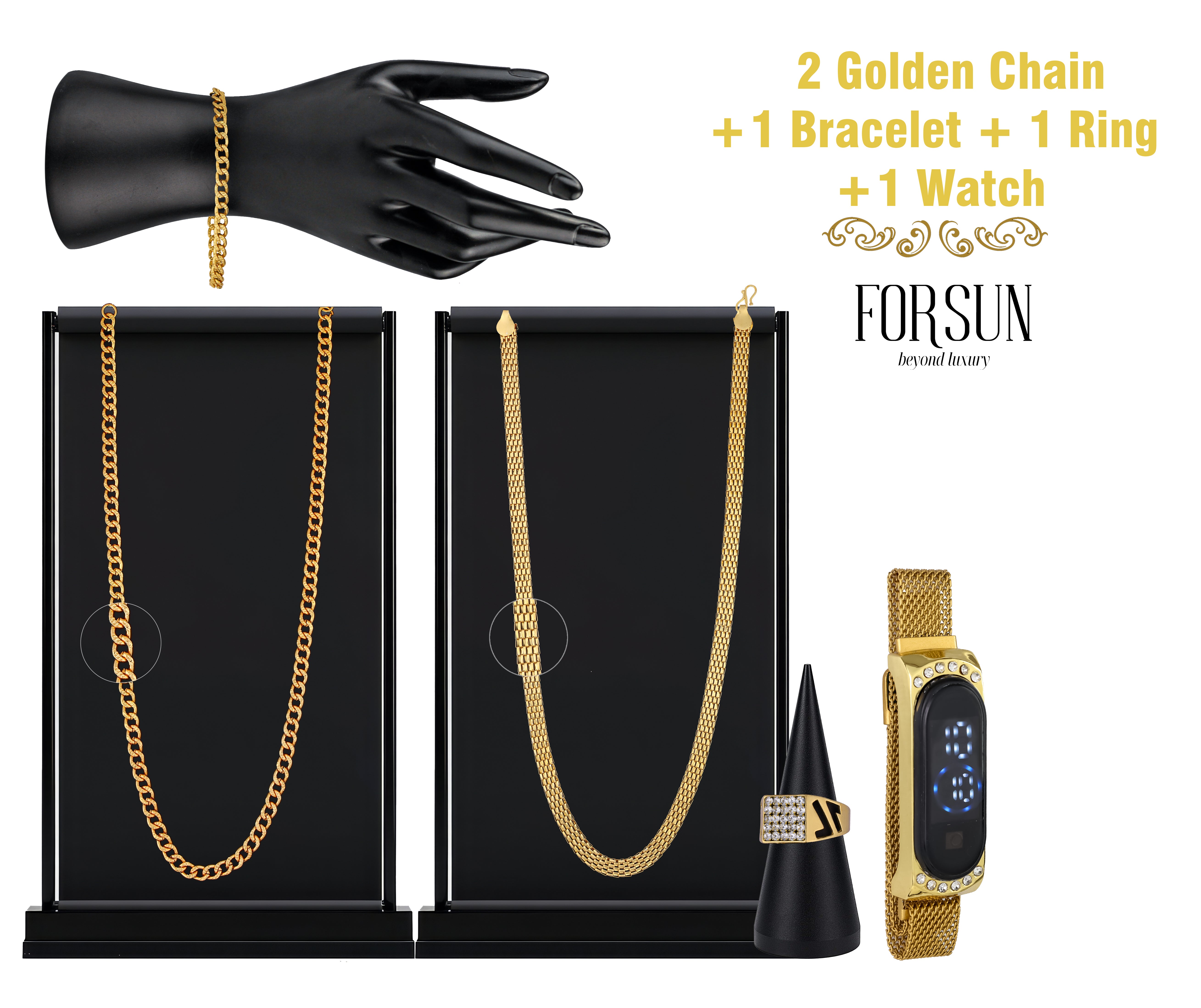 Combo of 2 Golden Chain + Bracelet + Diamond Ring + Free Digital Watch