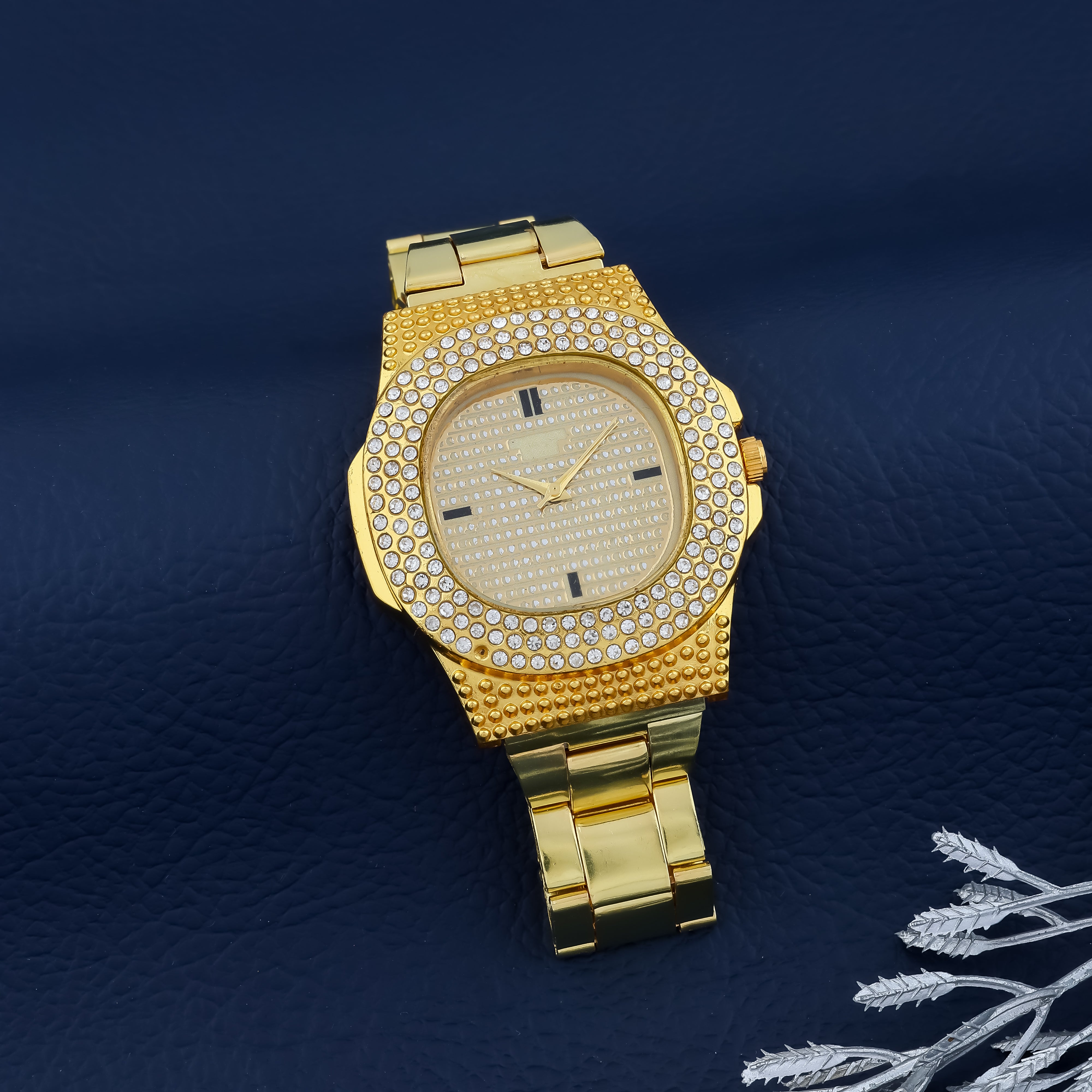 Combo of Mens Golden Watch + 2 Chain + Austrian Diamond Bracelet + Ring